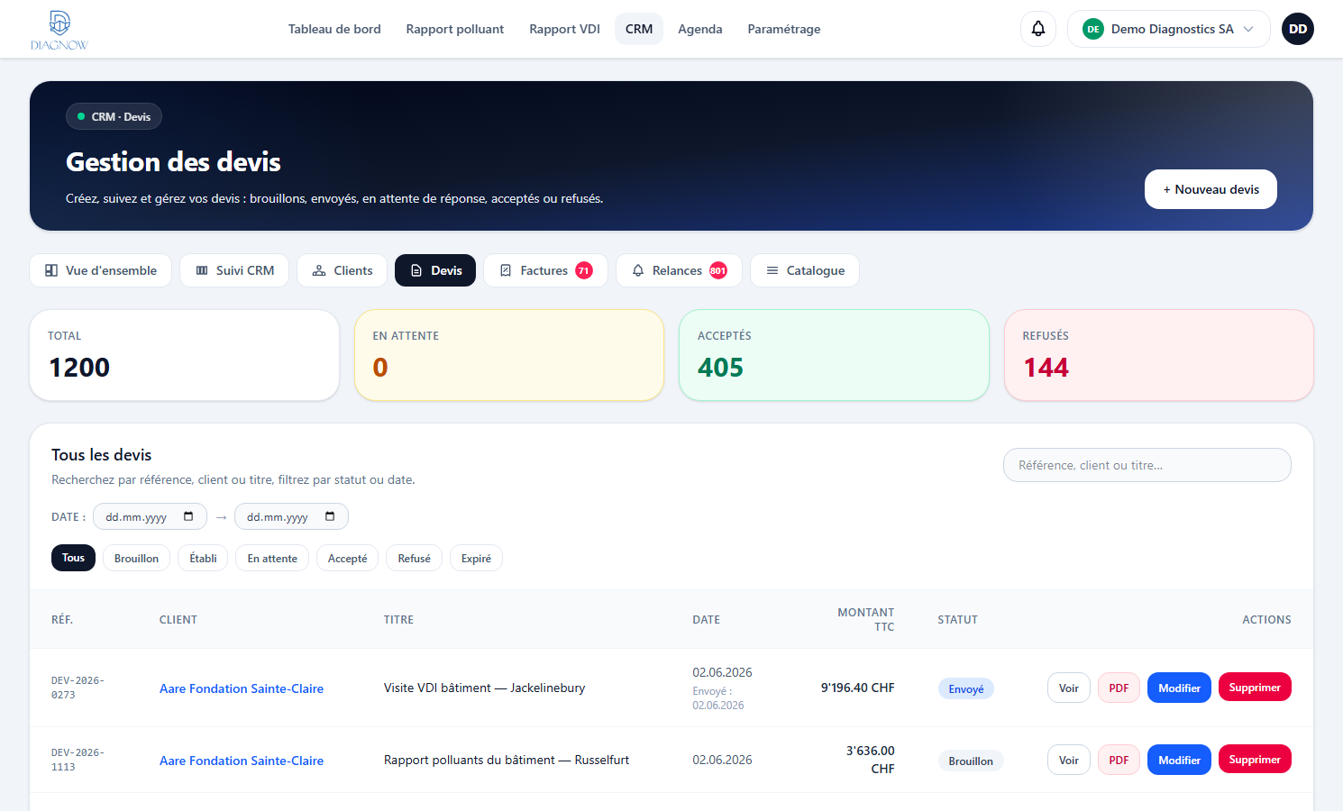 Liste des devis DiagNow avec client, statut, montant et actions