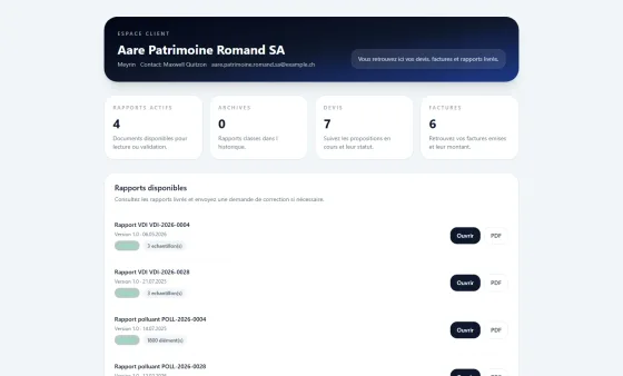 Espace client DiagNow avec rapports, devis, factures, PDF et activité récente